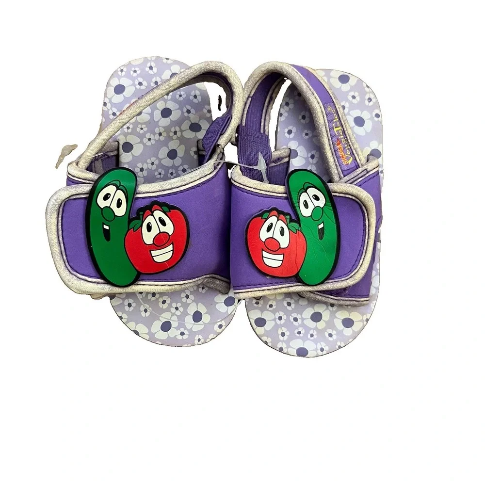Vintage VeggieTales Bob Larry Toddler Sandals Size 7 Purple Floral NWPT